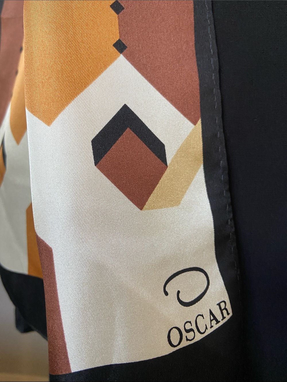Oscar de la Renta Geometric Silk Scarf in Shades of Brown & Cream, Black Border - Picture 3 of 12